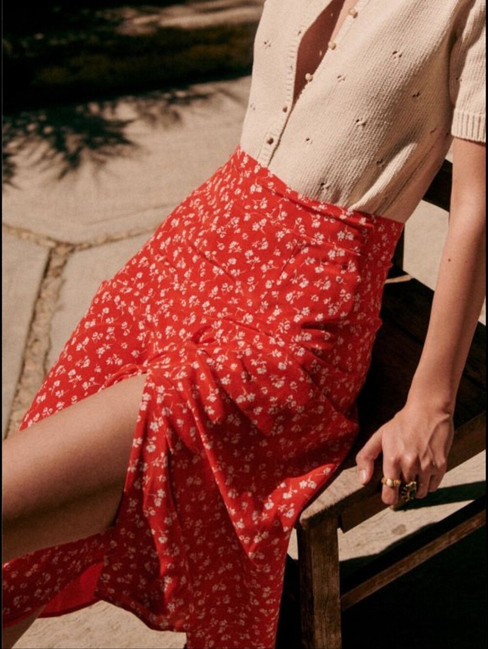 Sezane Tabata Midi Skirt In Silk Red Ditsy Floral